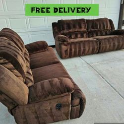 Super Soft Rich Brown Recliner Sofa Couch With Matching Recliner Loveseat Set 