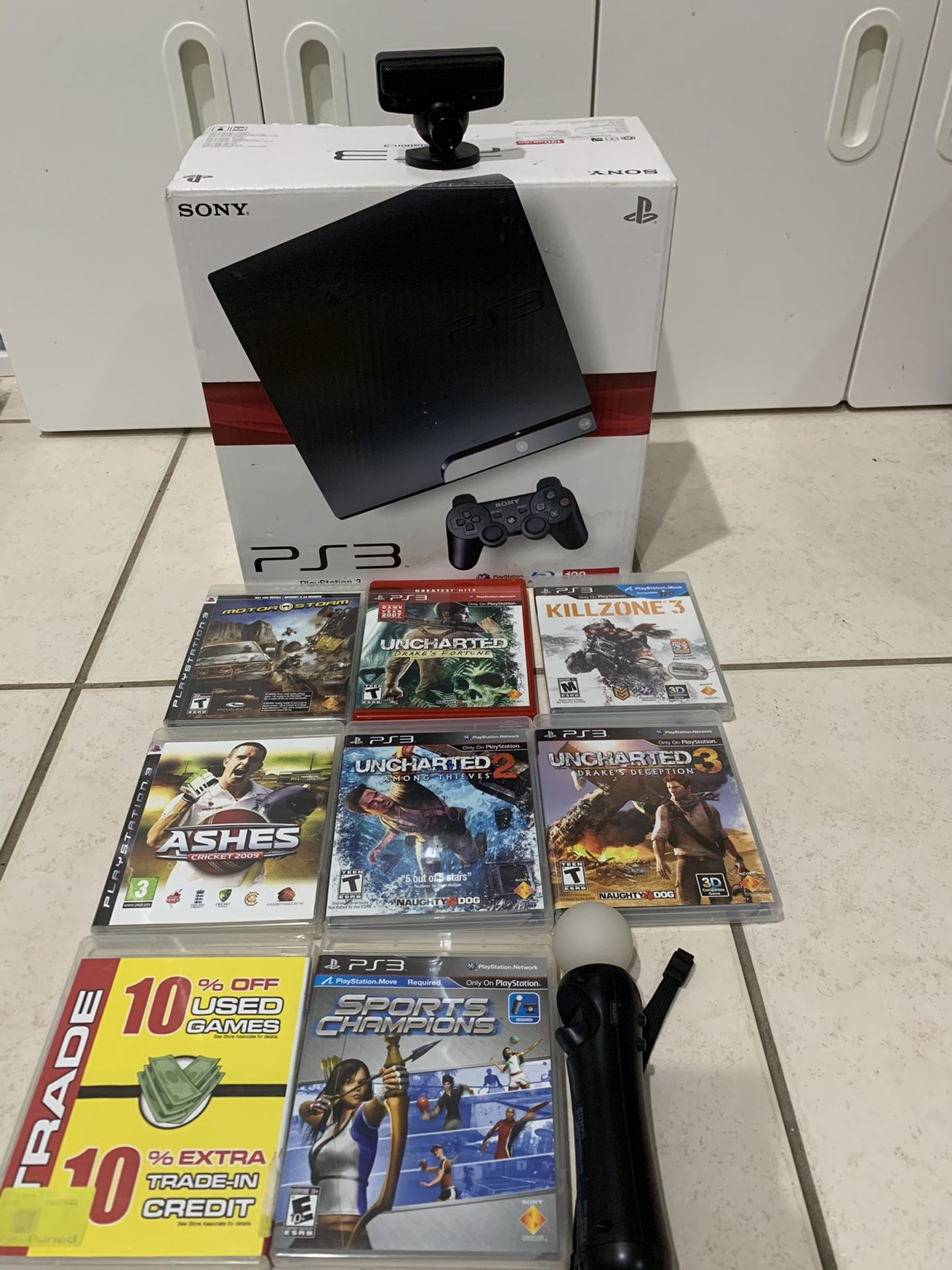 PlayStation PS3 Console +2 Controllers + PlayStation Camera + Move Controller + 8 Games