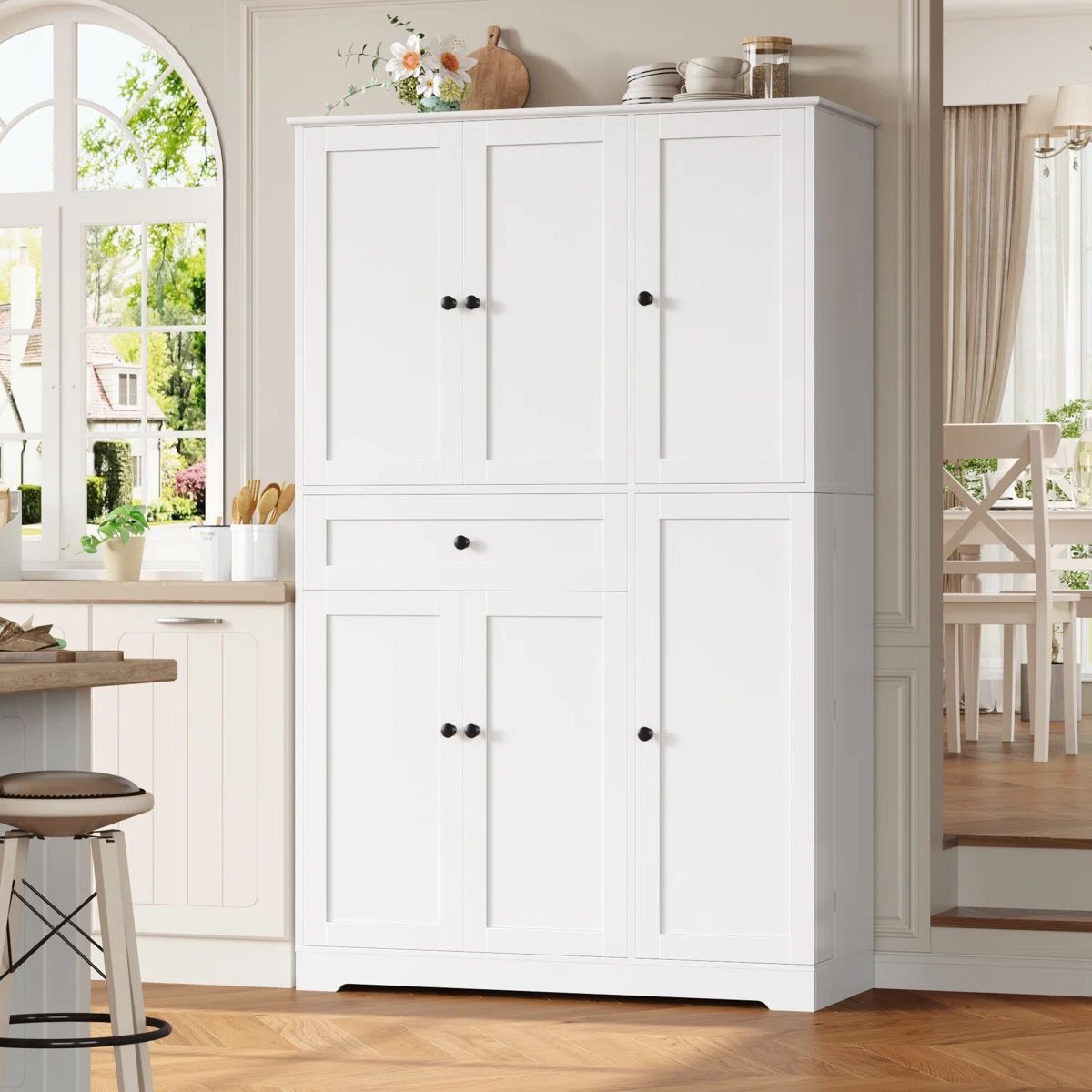 White Kitchen Pantry Cabinet with Storage Shelves & Drawer