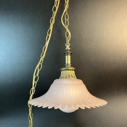 Vtg Hanging Brass Chain Light Fixture Plug In MCM Pink Glass Shade Globe Swag   Tested & Working, does not come with light bulb.  no chips, cord is ab