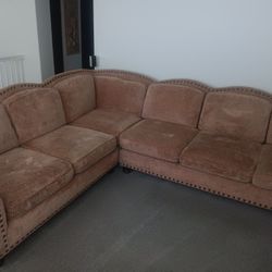2-piece Sectional Sofa, Brown And Cream Fabric With Studs, Comfy Foam And Feather Down Cushions