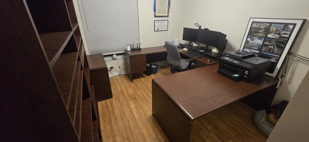 Office Desk, 2 Standing Shelves, 4 Drawer File Cabinet