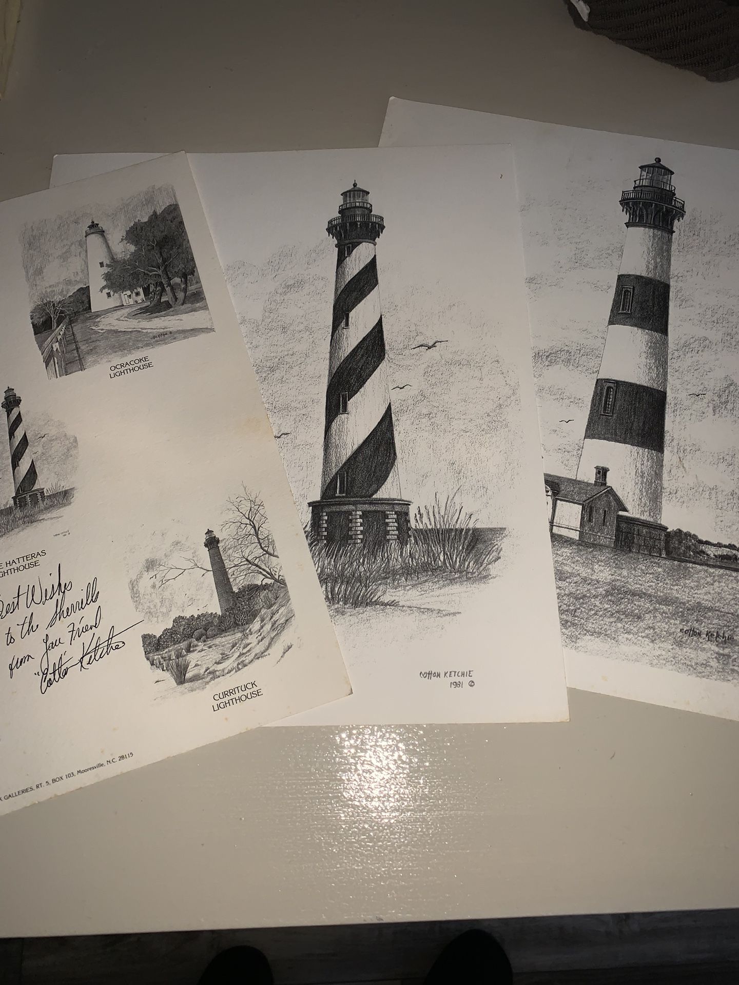 Signed (3) Cotton Ketchie Lighthouse Nautical Print Wall Art