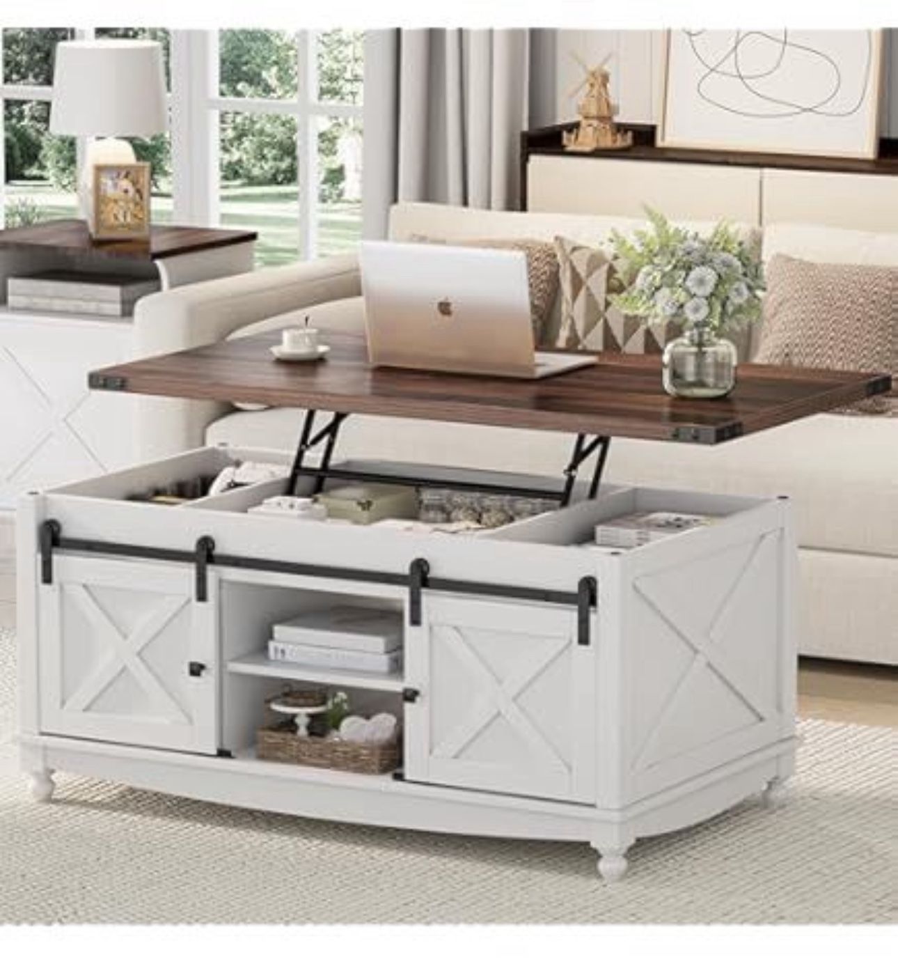 48" Farmhouse Lift Top Coffee Table with Storage Sliding Barn Door, Lifting Tabletop Rustic Center Table with Large Hidden Compartment for Living Roo