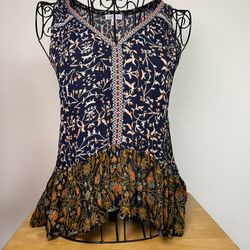 Patrons of Peace floral blouse with ruffle hem, V-neck bohemian size S 