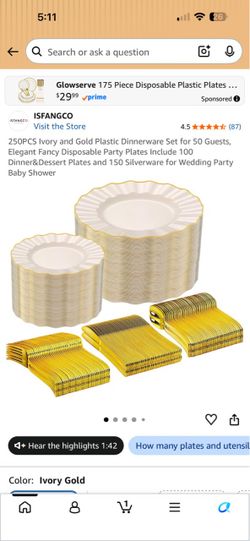 300Piece Ivory and Gold Plastic Dinnerware Set