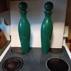 2 - Green Glass Vases 