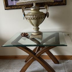 Pair of 2 Designer Tuscan / Mediterranean Trestle End Tables – Beveled Glass & Solid Wood - Excellent Condition