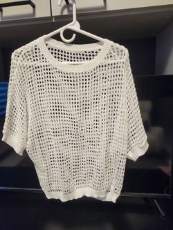 White open knit short sleeve sweater