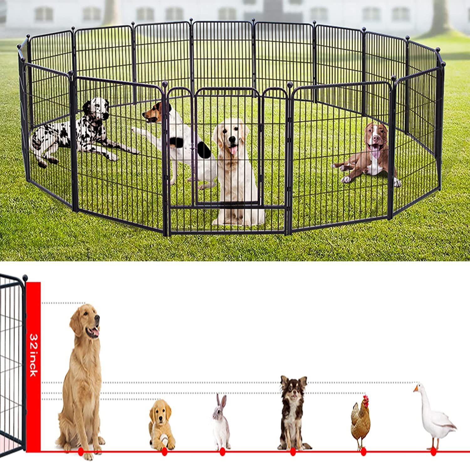 Dog Playpen ,16 Panels Playpen 32 Inch Height, Folding Outdoor Anti-Rust Dog Exercise Fence, Portable Pet Playpen with Door for Large Medium Small Dog