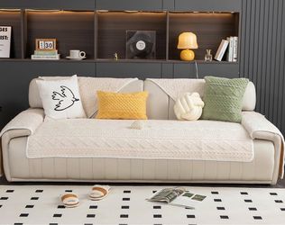 Fuzzy Sofa Couch Cover 35.4"x83" Geometric Jacquard Plush, Non Slip Cover Protector Washable for Kid, Pet
