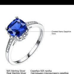 Size 7 Women’s Silver Ring Lab Nano Crystal Blue (simulated Sapphire  )