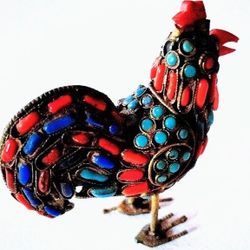 19th Century Handmade Filigree Bird Designed with Red Coral 🪸, Turquoise Stones And Lapis Lazuli Stones.
