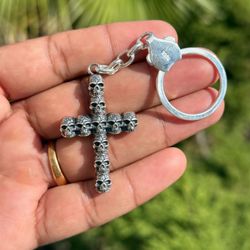 925 Sterling Silver Skull Cross Keychain – Solid 28.5g Gothic Design 