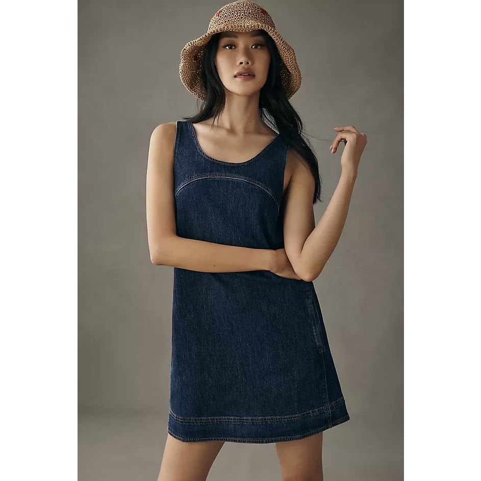 PILCRO Dark Wash Denim Shift Snap Button Straps Overall Summer Mini Jean Dress