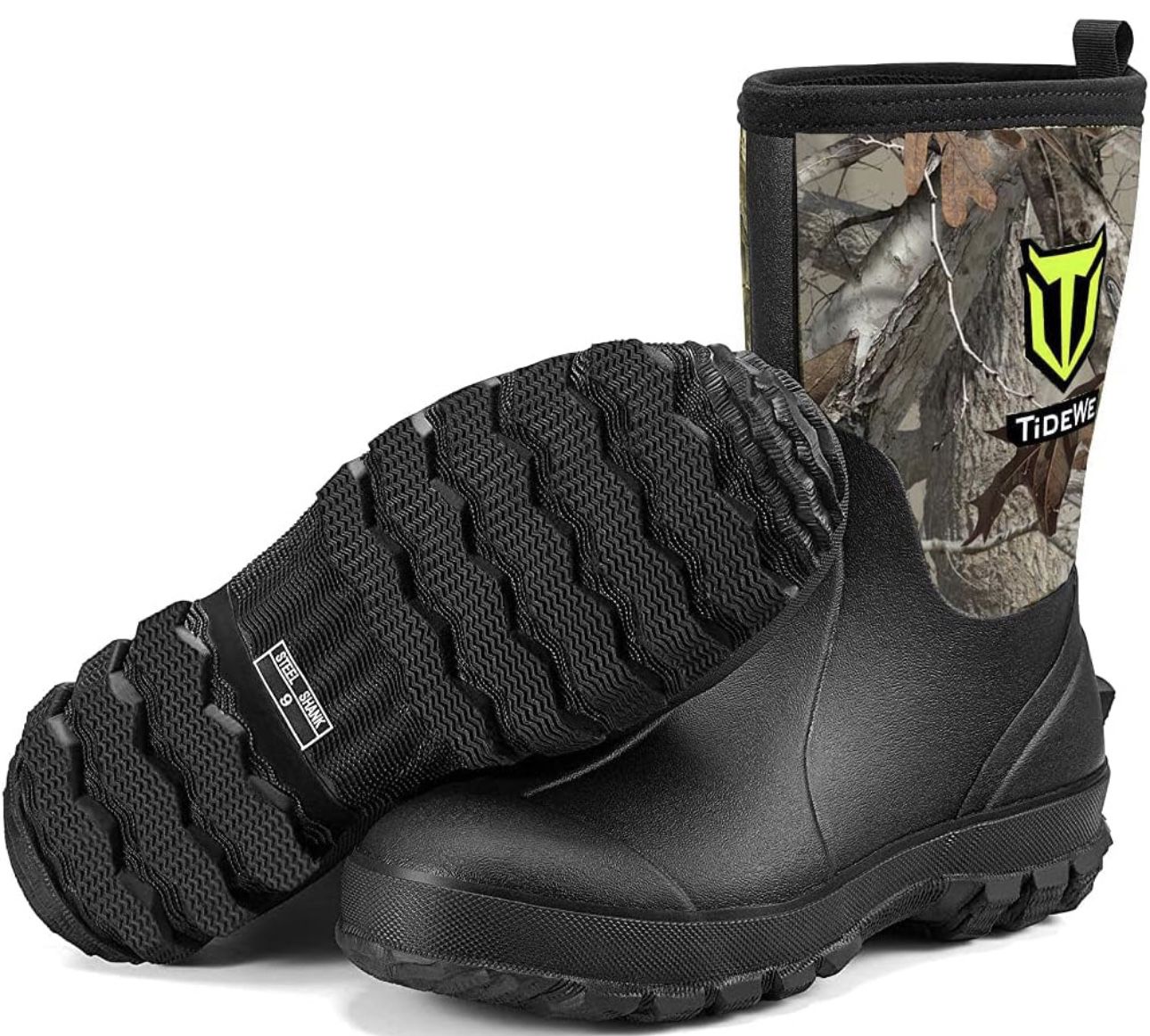 TIDEWE Rubber Boots for Men, 5.5mm Neoprene Insulated Rain Boots with Steel Shank, Waterproof Mid Calf Hunting Boots, Durable Rubber Work Boots for Fa