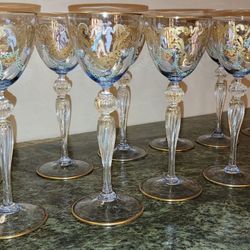 11 MURANO VENETIAN HAND PAINTED BLUE BLOWN GLASS WINE GLASSES 