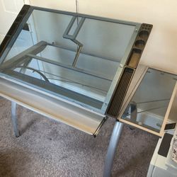 Adjustable glass studio desk + leather stool