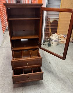 *LIKE NEW* Vintage Bombay Co. Mahogany Solid Wood Cabinet w/Adjustable Shelves & Drawers, Glass Door