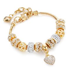 GOLD with heart rhinestone charm women's bracelet gift