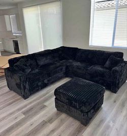 NEW BLACK THICK FLUFFY CORDUROY SECTIONAL SOFA COUCH WITH OTTOMAN