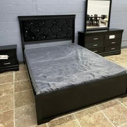 Amalia 5 Pcs Black Upholstered Bedroom Set Queen or King Bed Dresser Nightstand Mirror Chest 