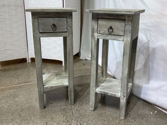 Cottage Narrow Wood Side Tables – Distressed Light Grey (Set of 2)