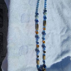 Vintage Blue Gold And Amber Glass Beads Necklace