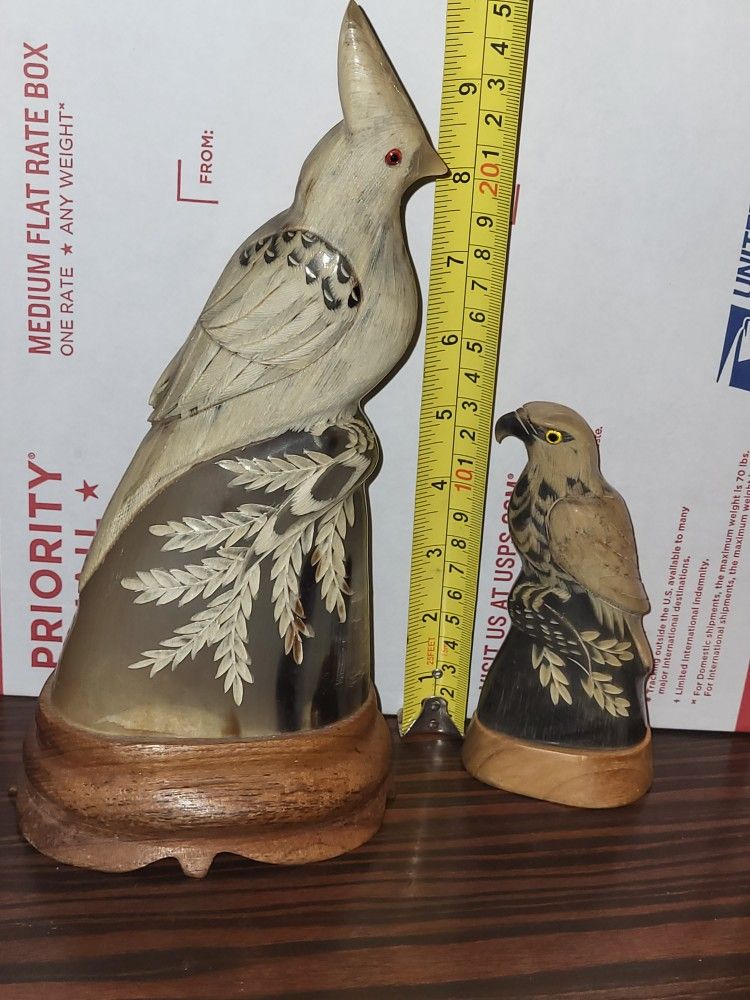 2 Hand Carved water Buffalo Horn figurines Birds Eagle falcon Hawk and cockatail wood base thailand