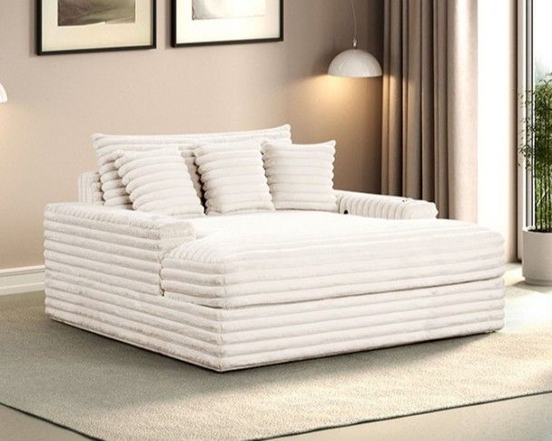 Padded Chenille Couch Chaise Plush White With USB Charger