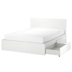 High bed frame/2 storage boxes, white/Luröy, Queen