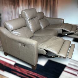 Flexsteel Forte Beige Leather Electric 3-Seat Couch w/ Power Headrests