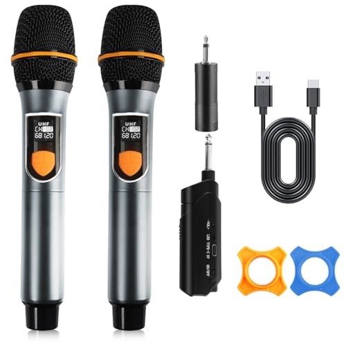 VTSGN Wireless Microphone System, UHF Dual Cordless Metal Dynamic Mics with Rechargeable Receiver, 200ft Range, for Karaoke, Wedding, DJ, Party, Speec