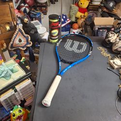 Wilson Tour Slam Lite Adult Tennis Racket Blue & Black 4 3/8 Grip With Power Bridge 112" Oversize Head W/New Sleeve Of Balls-Ready To Play, Looks New