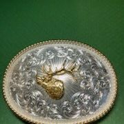 Oval Elk Belt Buckle, Silver Plated By Montana Silver Smiths