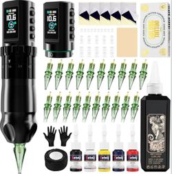 Cordless Tattoo Gun Kit with 7 Adjustables Strokes and 2 pcs * 1600 mAh Tattoo Batteries,Tattoo Kit Complete with Needles Cartridges, Inks and Tattoo