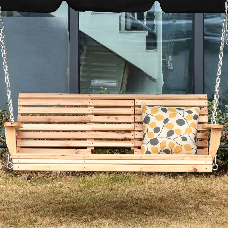 3-Seater Wooden Porch Swing, Patio Swing Bench with Folding Coffee Table, Cup Holders and Chains Included, 440lbs Weight Capacity, Natural