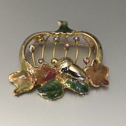 Vintage Gold Tone Pumpkin Fall Enamel Leaves Acorn Ab Rhinestone Brooch 