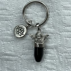 Natural Charged Onyx Angel & Lotus Keychain(known :Protection, Remove Nagative Energy, Calm Emotions,healer,reduce Stress,good Luck)