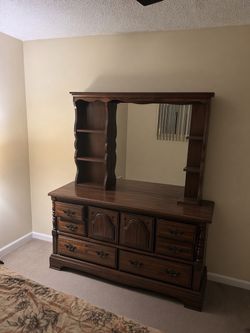 Dark Wood Dresser with Mirror and Shelves