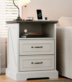 24” White Farmhouse Nightstand with Charging Station, 2 Drawers & Open Shelf