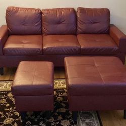 *FREE DELIVERY* Red/Burgandy Leather Sofa/Couch With Ottoman 