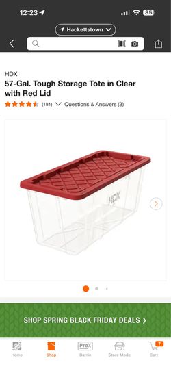 NEW HDX 57 gallon Tough Storage Tote in Clear with Red Lid