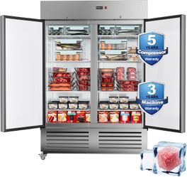 Commercial Freezer 2 Door Upright Freezer with 8 Adjustable Shelves, 54"W Stainless Steel Reach-in,Temp Control -8℉ to1℉, 49 Cu.ft for Restaurant Kitc