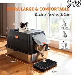 😀 Cat Litter Tray Stainless Steel Extra Large XXL Fully Enclosed Cat Litter Tray with Double Entry and Anti-Litter Mat Leak-Proof for Large Cats and 