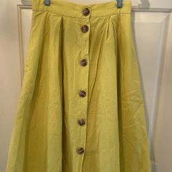Zara Basic Collec BlueBlush Lime Yellow Midi A-line Button Skirt- Size small- 100% Cotton 