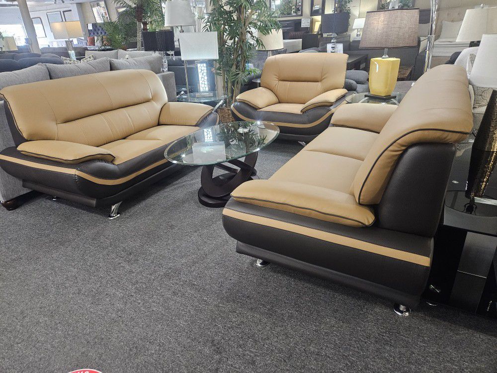 Brand New Yellow Over Brown Bonded Leather 3PCs Sofa Set