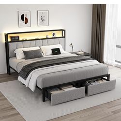 Full Size Bed Frame with Headboard and Storage Drawers Platform Bed Frame with Storage Chargin Station LED Light Bedframe Heavy Duty No Box Spring Nee