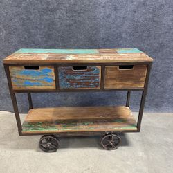 SOLID RECLAIMED TEAK WOOD  AND METAL CONSOLE WITH 3 DRAWERS & SHELF