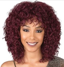 Burgundy Curly Mid-Length Wig with Bangs
